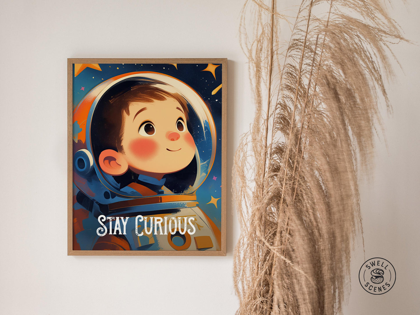 Stay Curious - Astronaut Space Series Kids Room Decor Framed Wall Art Set