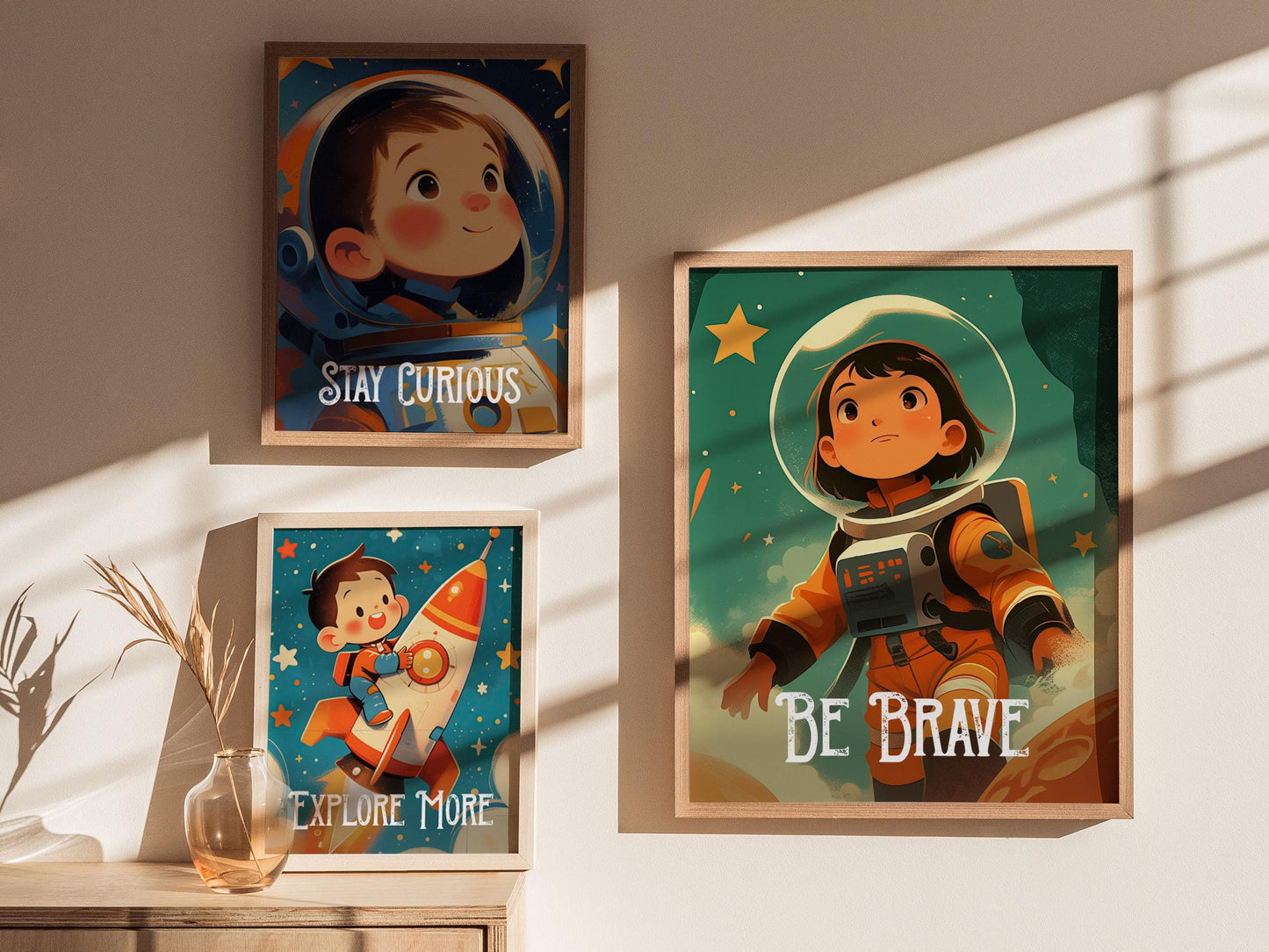 Be Brave - Astronaut Space Series Kids Room Decor Framed Wall Art Set