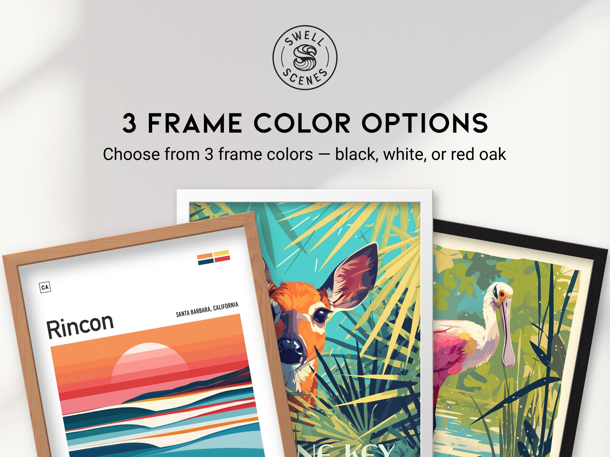 Three framed artworks with frame color options displayed on a white background.