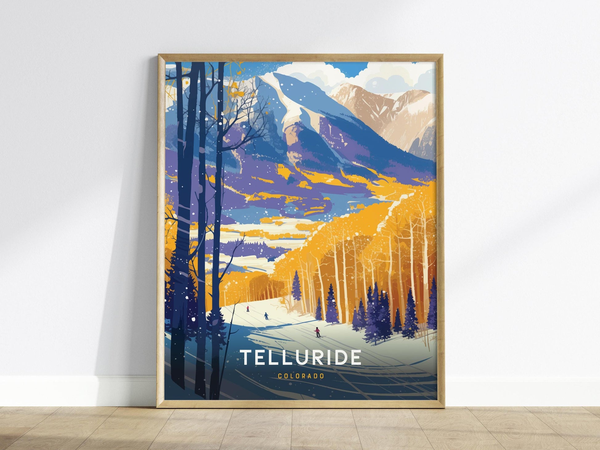 Telluride Colorado ski resort poster featuring vintage Rocky Mountain San Juan peaks and snowy aspen trees wall art