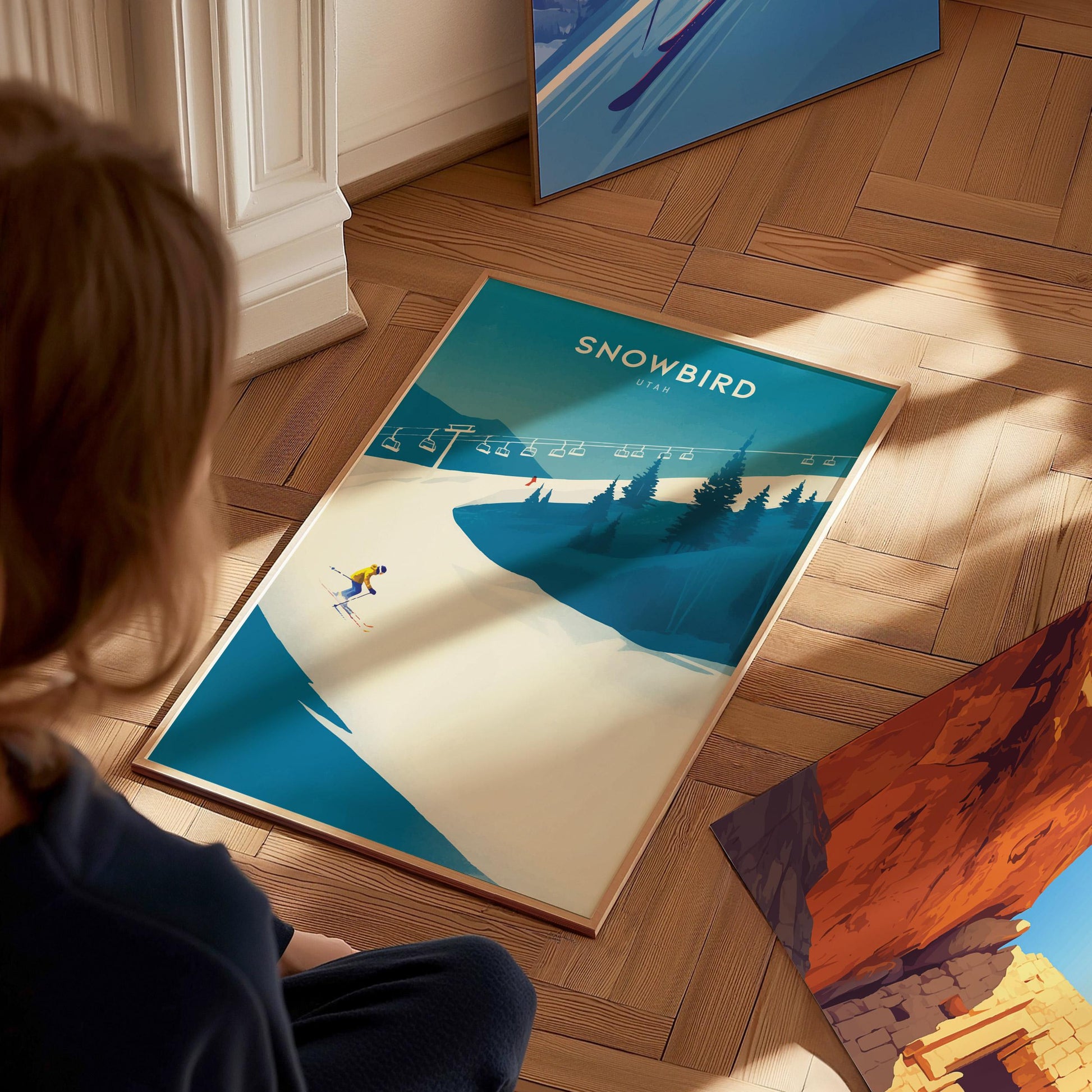 Snowbird ski poster in wood frame showing retro Utah resort art with Little Cottonwood Canyon mountain design