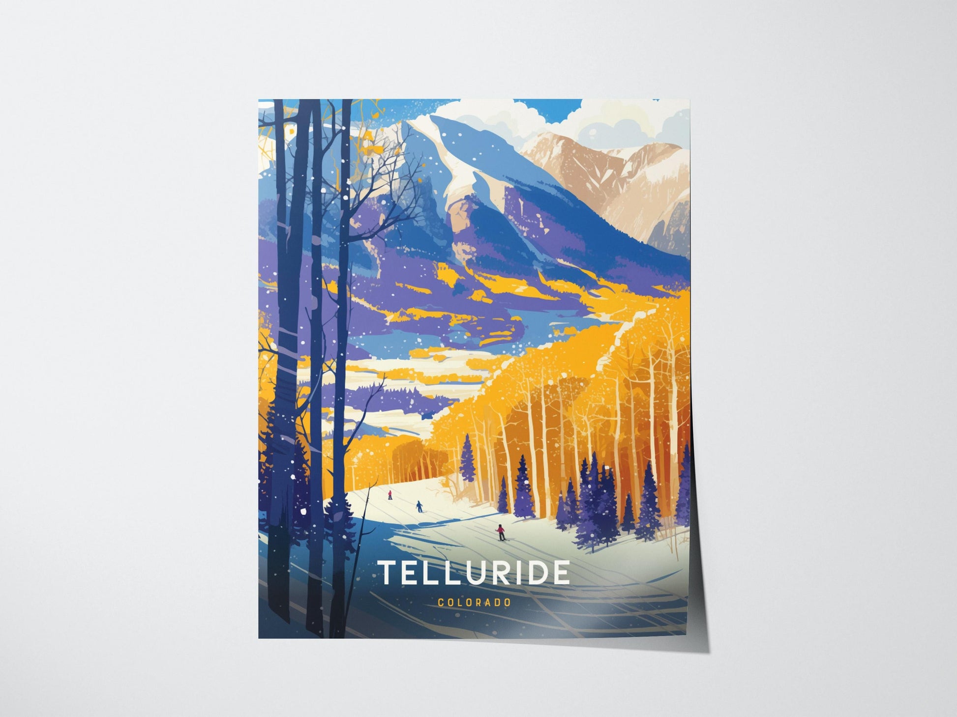 Telluride Colorado ski resort poster featuring vintage Rocky Mountain San Juan peaks and snowy aspen trees wall art