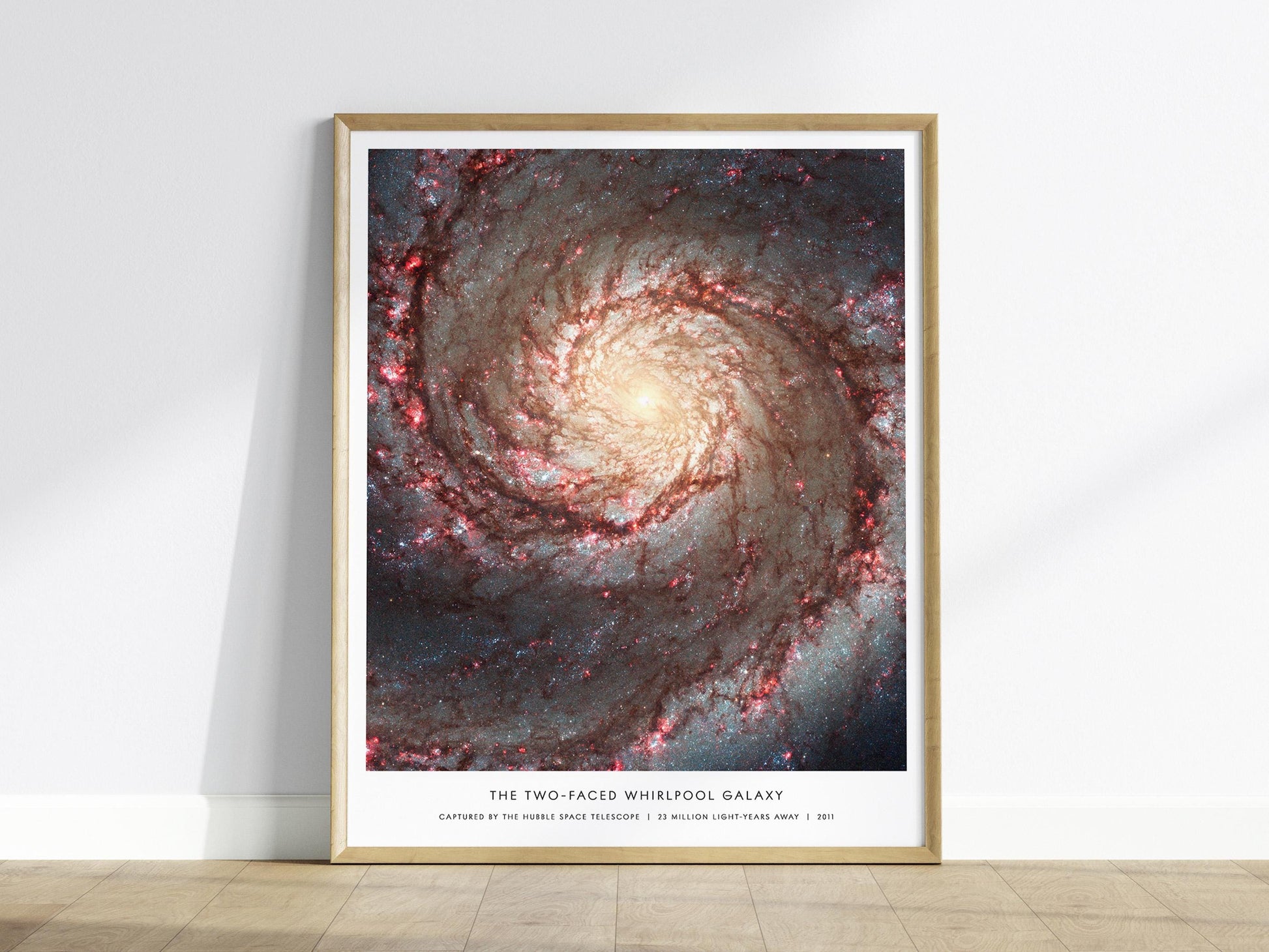 Whirlpool Galaxy M51 poster featuring NASA Hubble Space Telescope spiral galaxy image with star formation astronomy art