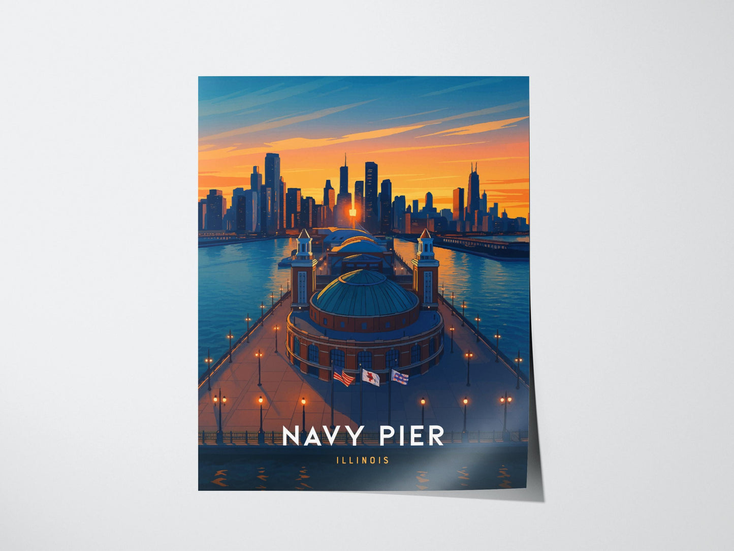 Navy Pier Chicago Illinois Iconic Skyline Framed Travel Print Wall Art