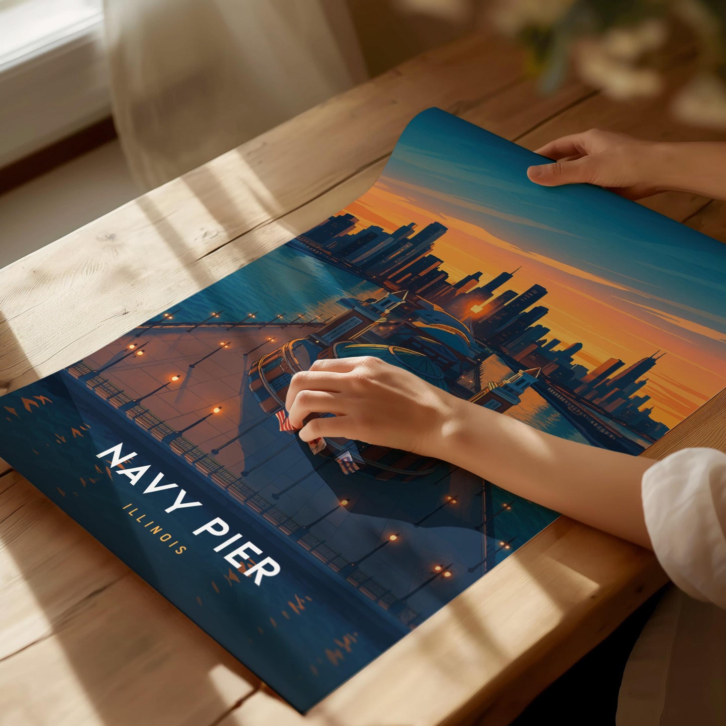 Navy Pier Chicago Illinois Iconic Skyline Framed Travel Print Wall Art