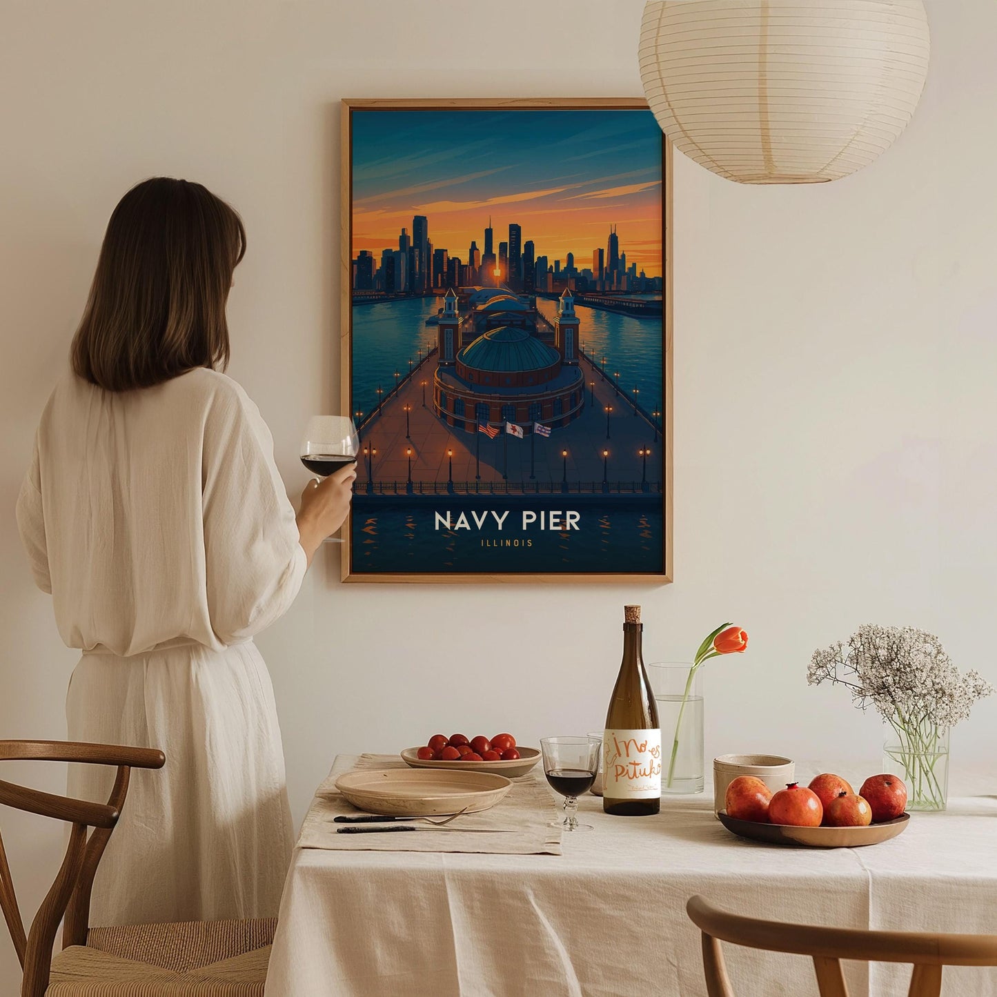Navy Pier Chicago Illinois Iconic Skyline Framed Travel Print Wall Art