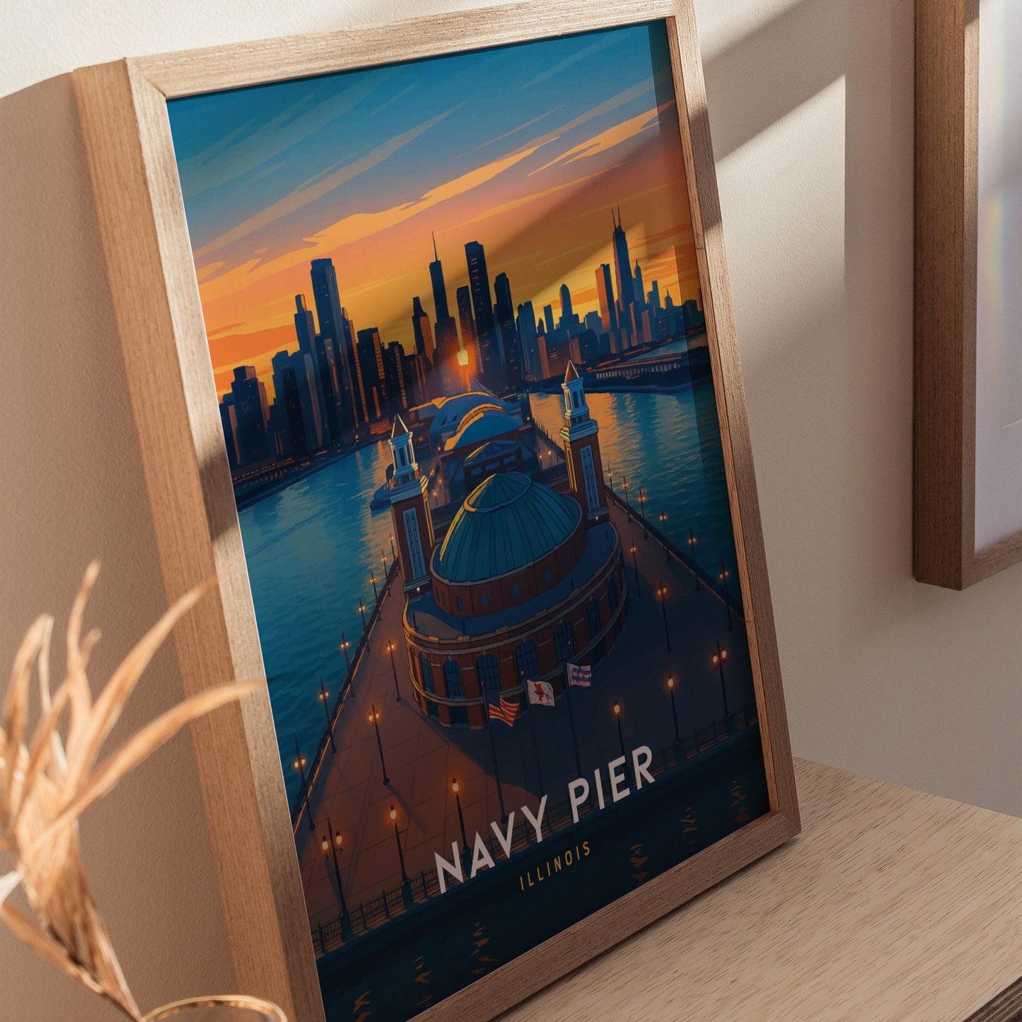 Navy Pier Chicago Illinois Iconic Skyline Framed Travel Print Wall Art
