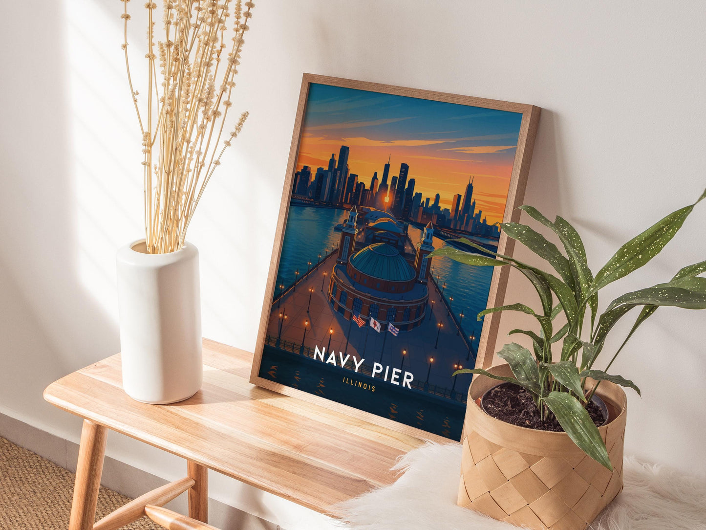 Navy Pier Chicago Illinois Iconic Skyline Framed Travel Print Wall Art