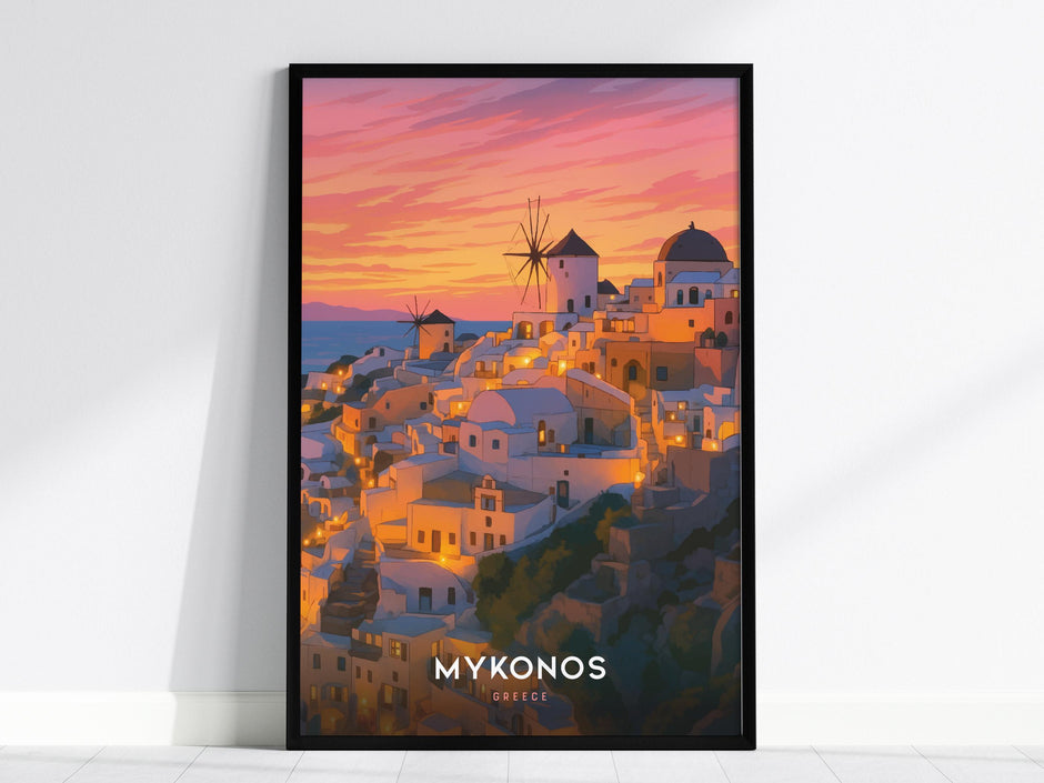 Mykonos Greek Island Sunset Framed Travel Print Wall Art