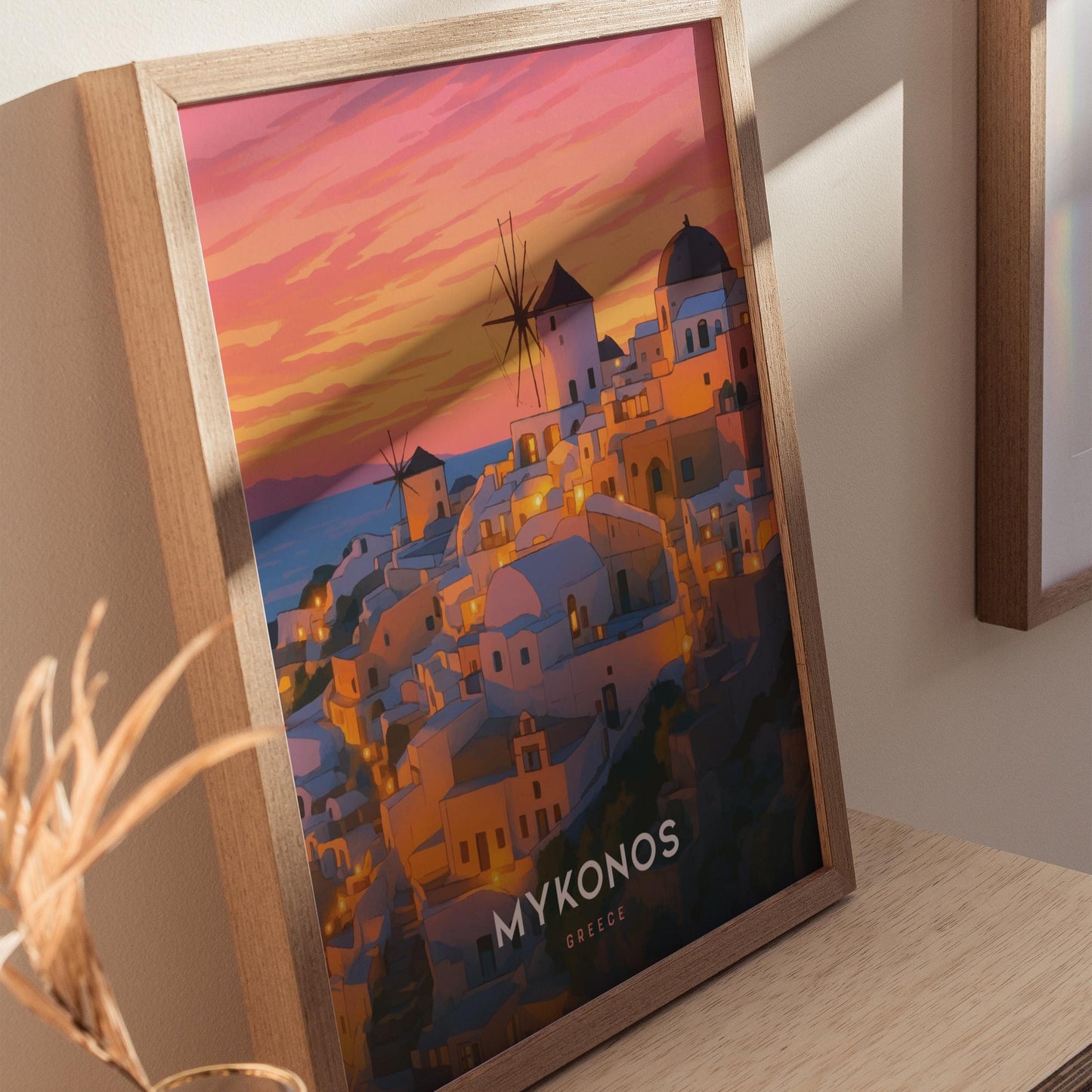 Mykonos Greek Island Sunset Framed Travel Print Wall Art