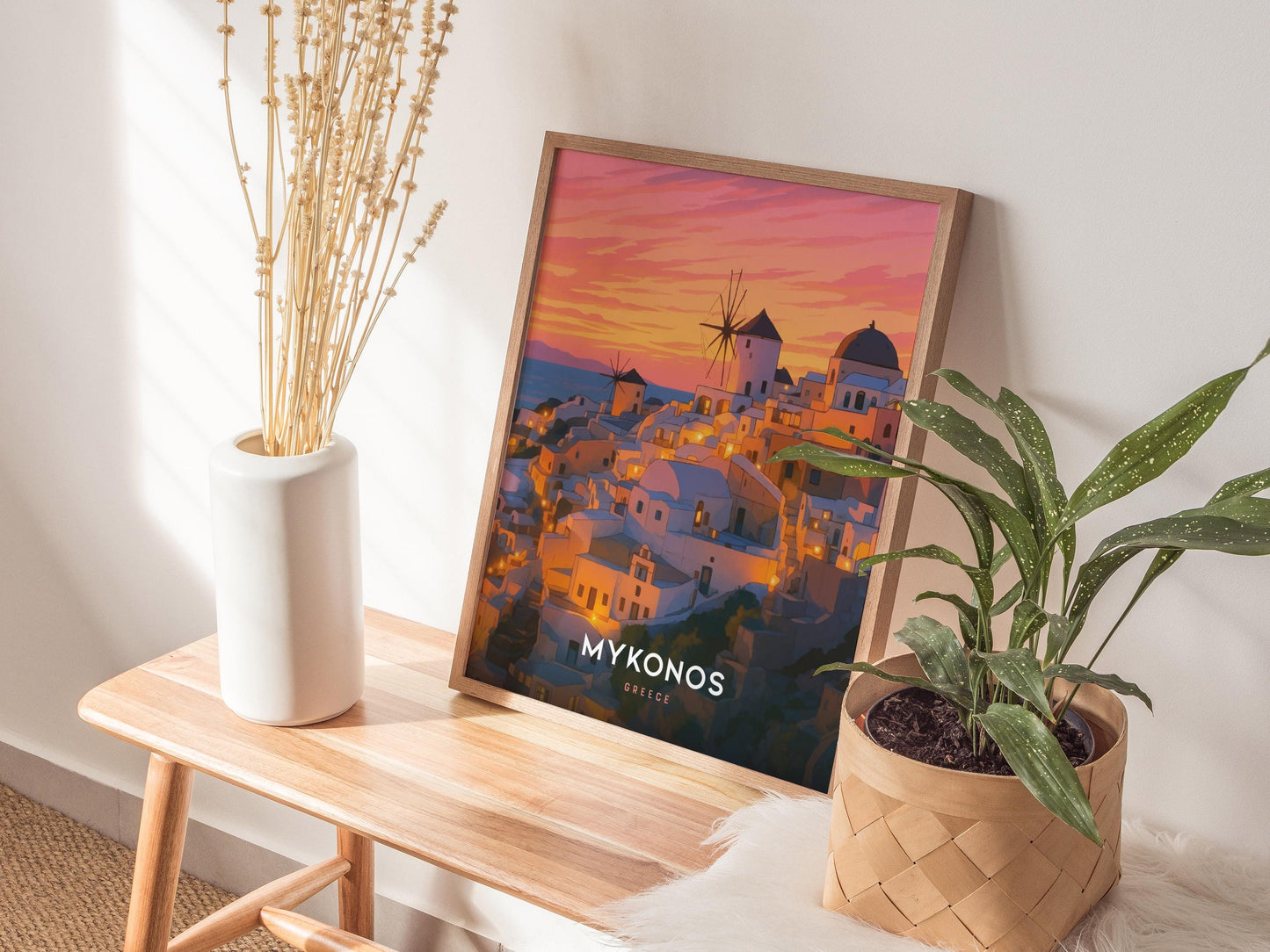 Mykonos Greek Island Sunset Framed Travel Print Wall Art