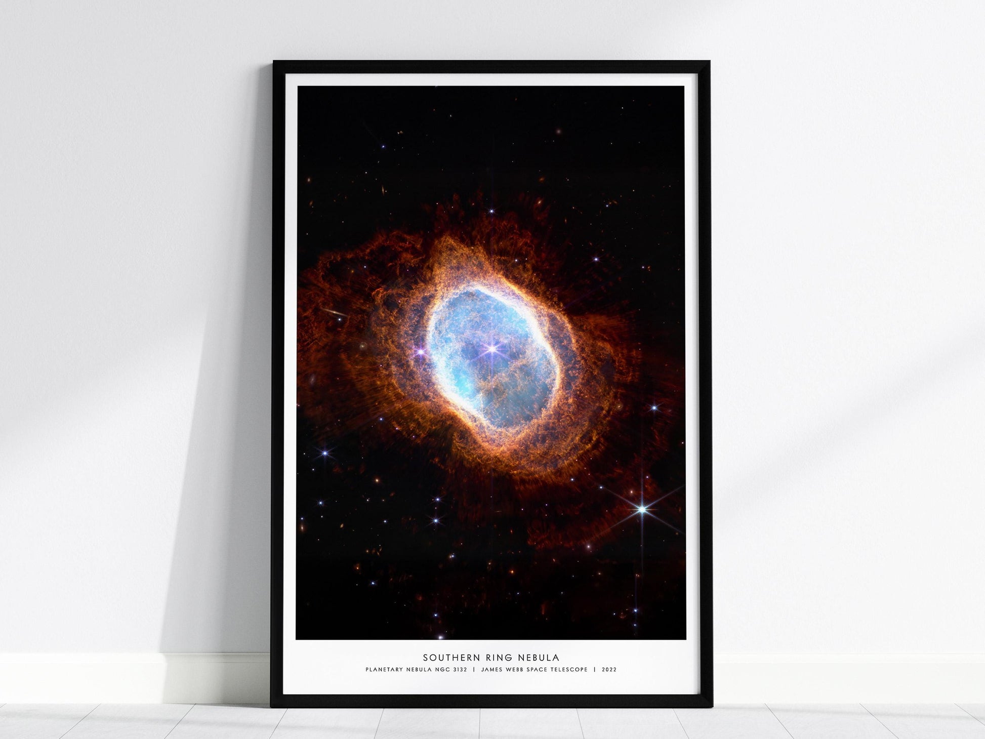 Southern Ring Nebula poster featuring James Webb Space Telescope image of NGC 3132 dying star with glowing gas shells