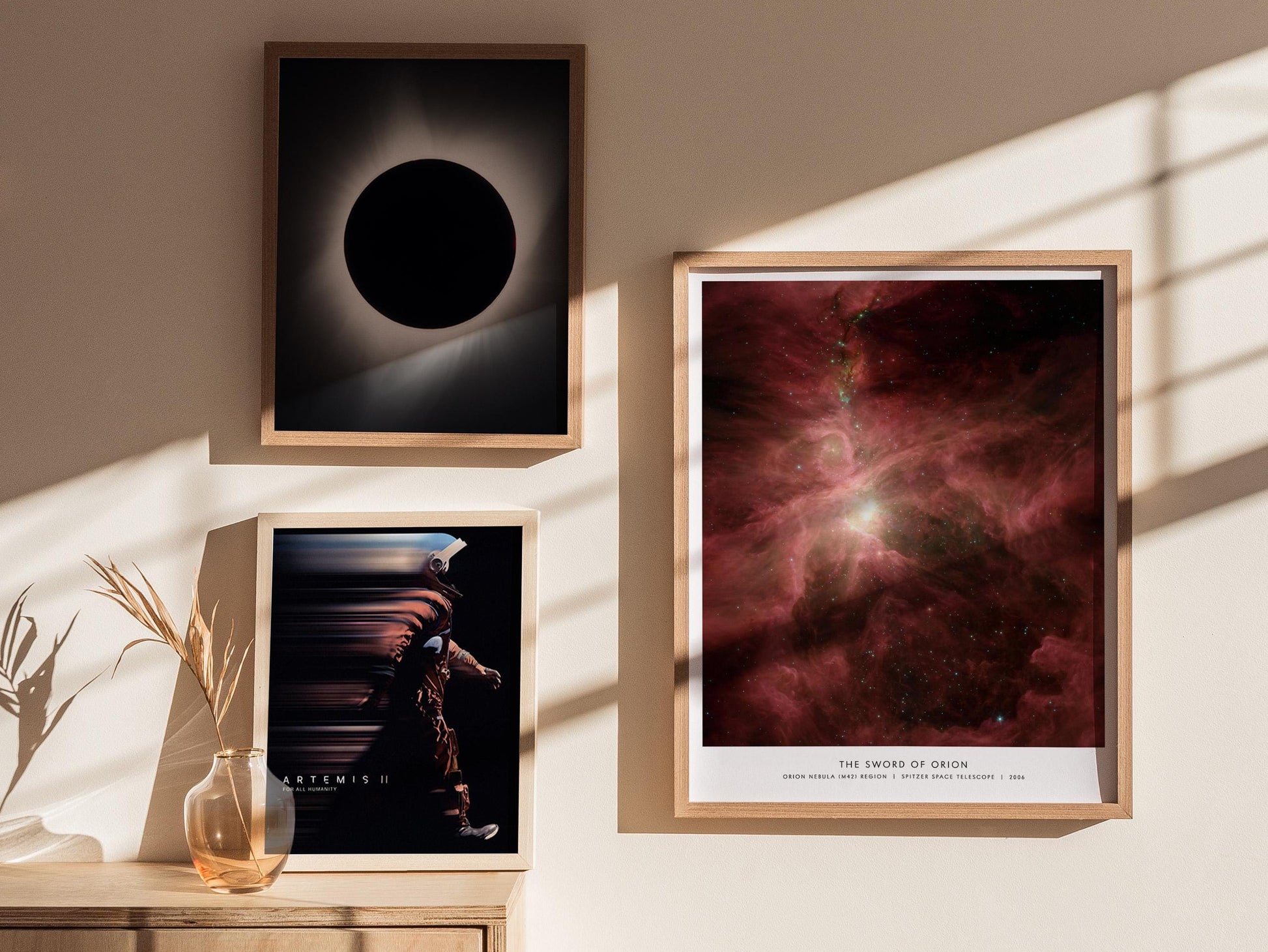 Orion Nebula M42 wall art displayed in home with NASA Spitzer telescope space photography cosmic decor