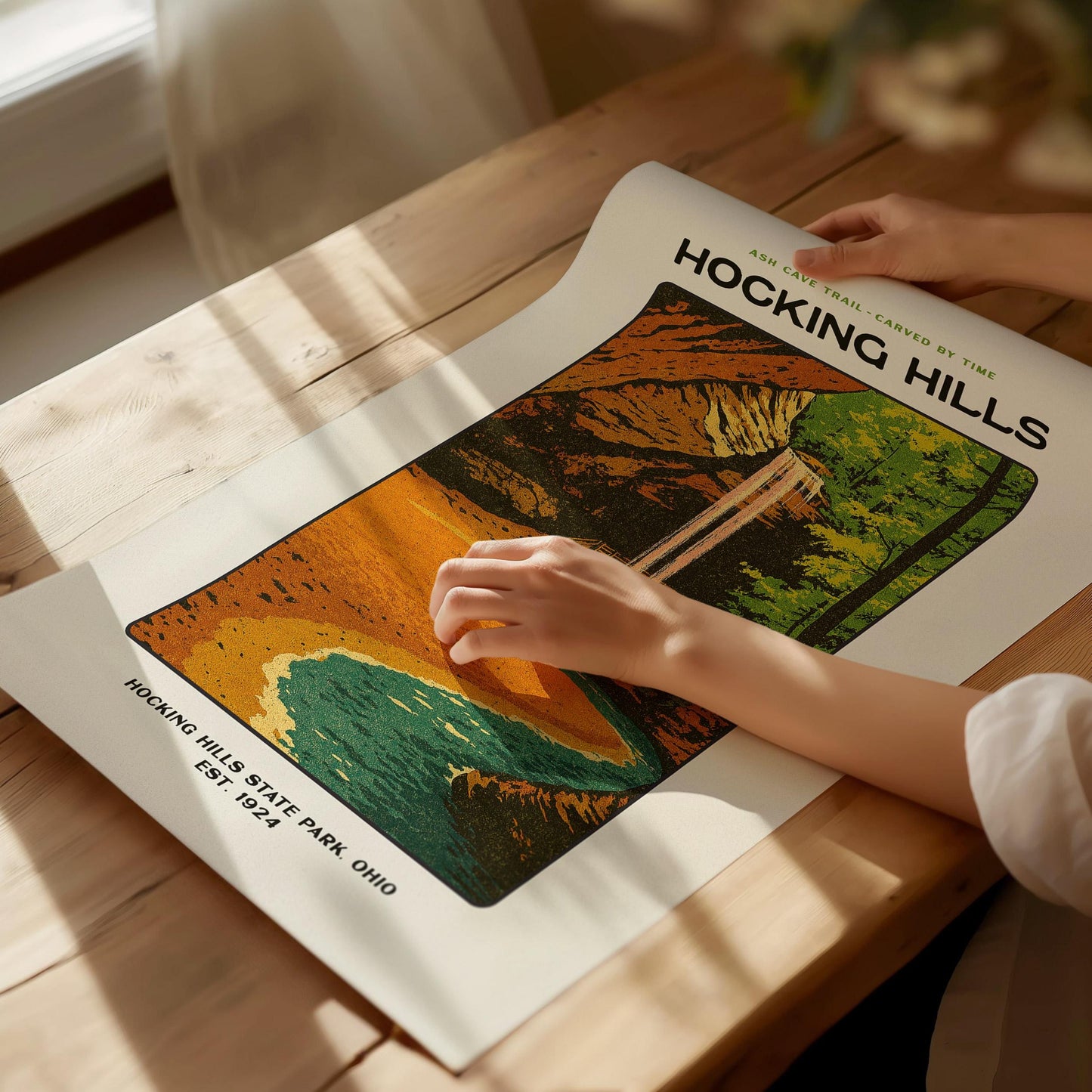 Hocking Hills Ohio State Park Ash Cave Trail Vintage Block Print Wall Art
