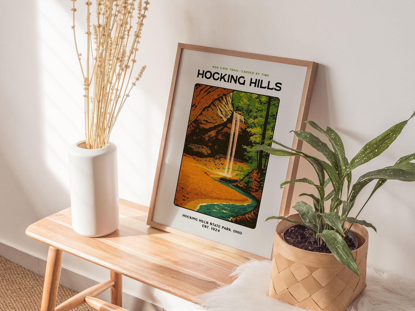 Hocking Hills Ohio State Park Ash Cave Trail Vintage Block Print Wall Art