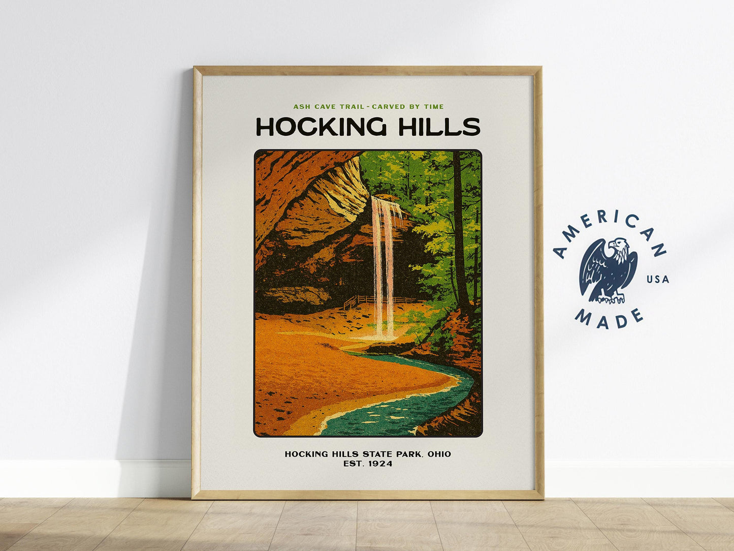 Hocking Hills Ohio State Park Ash Cave Trail Vintage Block Print Wall Art