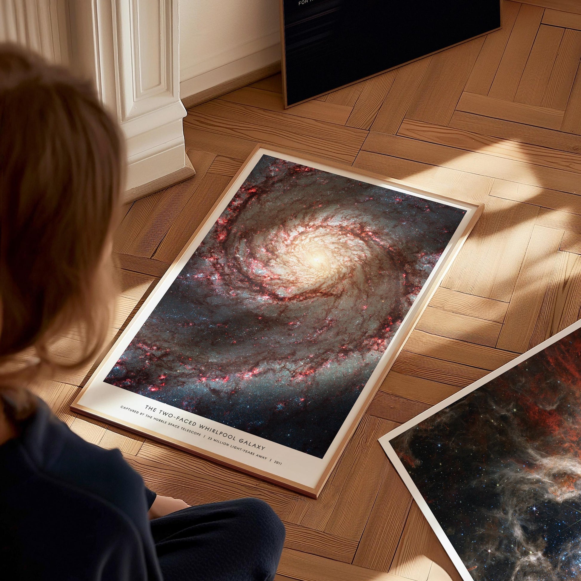Whirlpool Galaxy M51 poster featuring NASA Hubble Space Telescope spiral galaxy image with star formation astronomy art