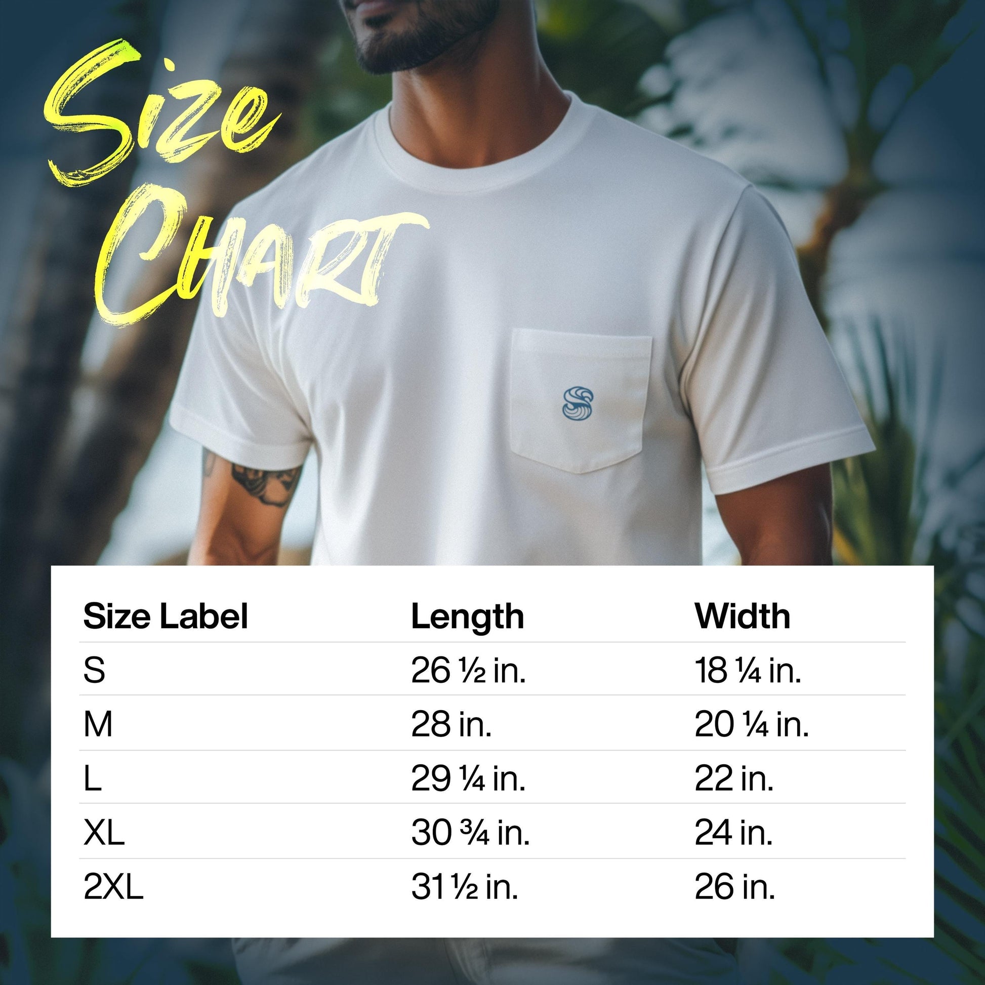 White t-shirt with Swell Scenes shirt size chart overlay on a blurred outdoor background