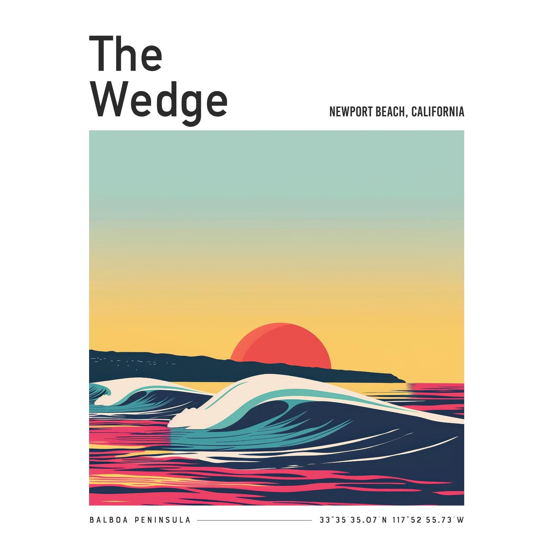 Simplified illustration of a sunset over waves with 'The Wedge' branding.