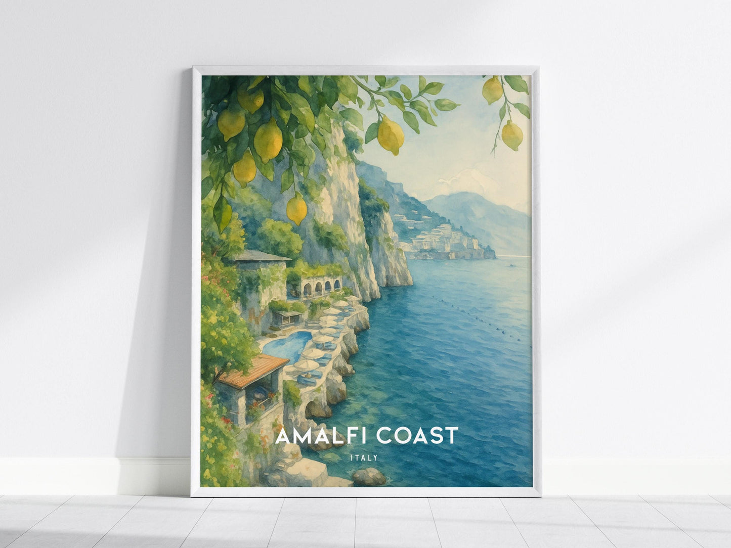Amalfi Coast Italy Hotel Santa Caterina Framed Watercolor Travel Print Wall Art