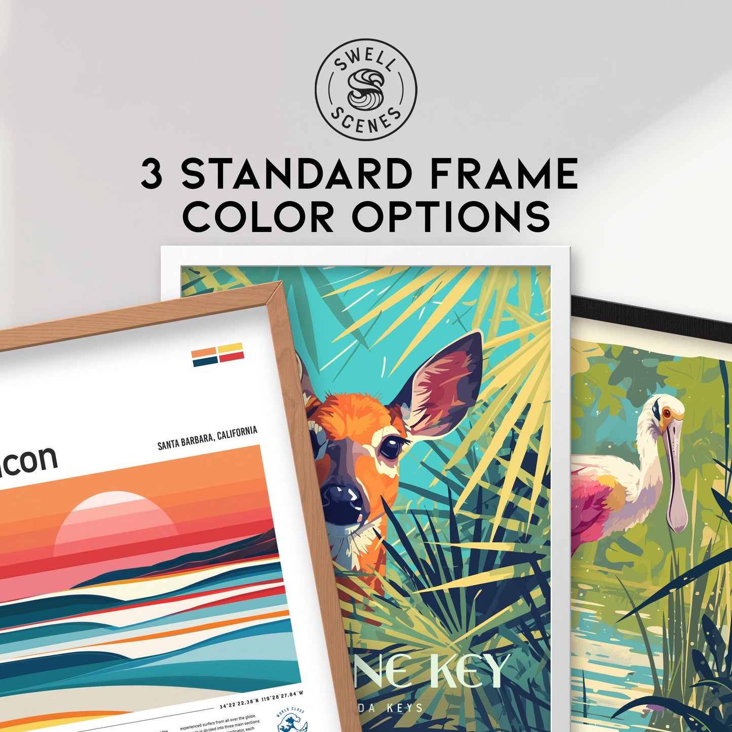 Three framed artworks with 'Swell Scenes' branding and text about frame color options.