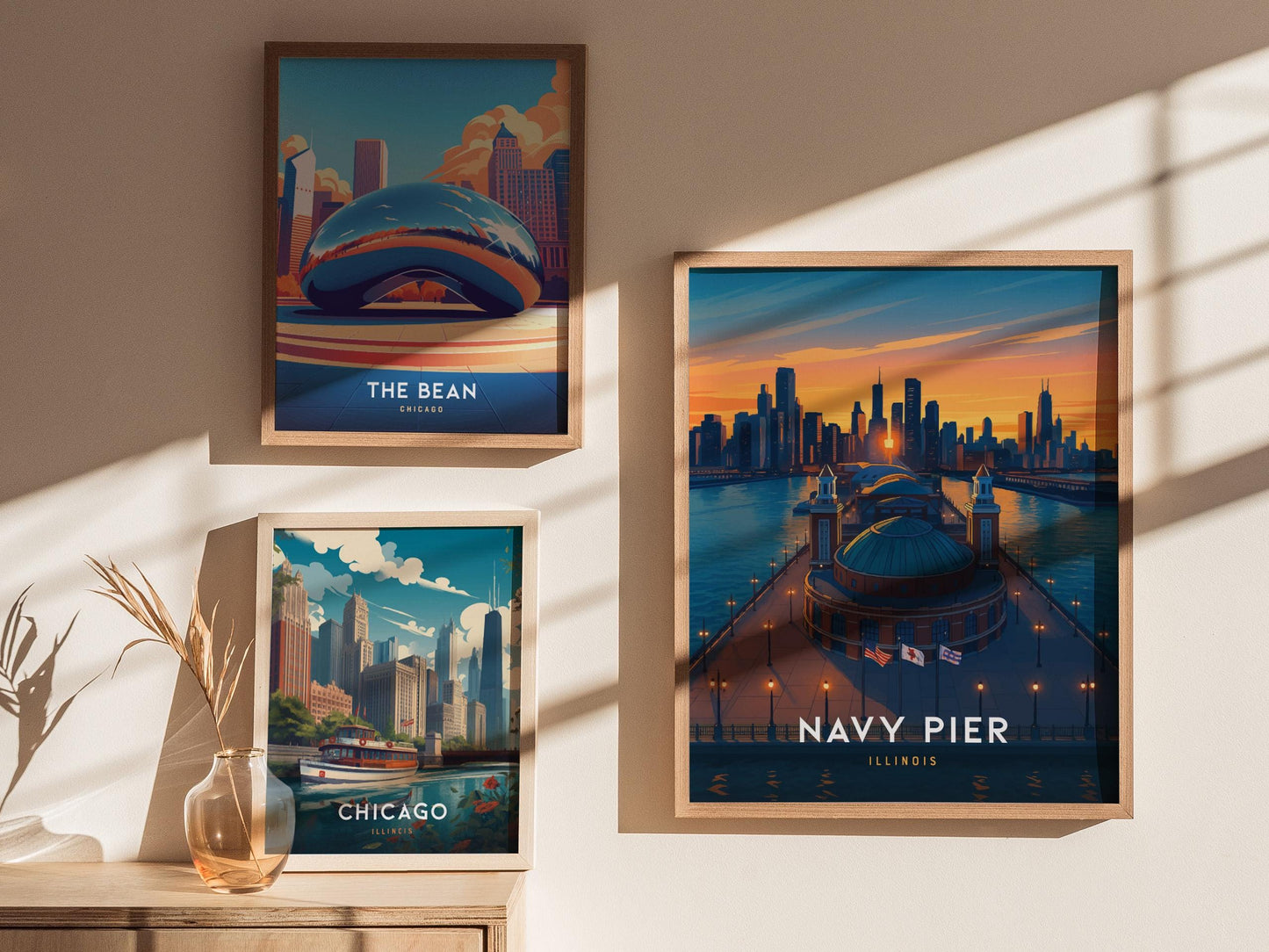 Navy Pier Chicago Illinois Iconic Skyline Framed Travel Print Wall Art