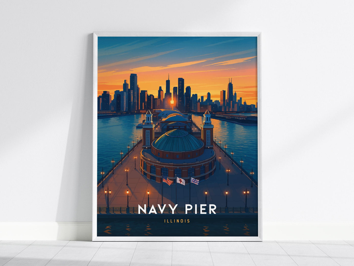 Navy Pier Chicago Illinois Iconic Skyline Framed Travel Print Wall Art