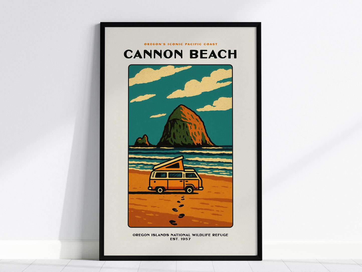 Cannon Beach Oregon Vintage Poster | Haystack Rock Block Print Wall Art | Framed or Unframed