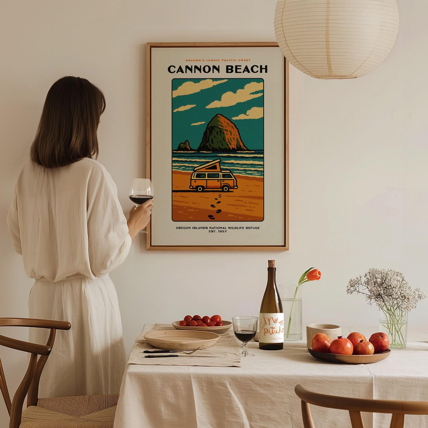 Cannon Beach Oregon Vintage Poster | Haystack Rock Block Print Wall Art | Framed or Unframed