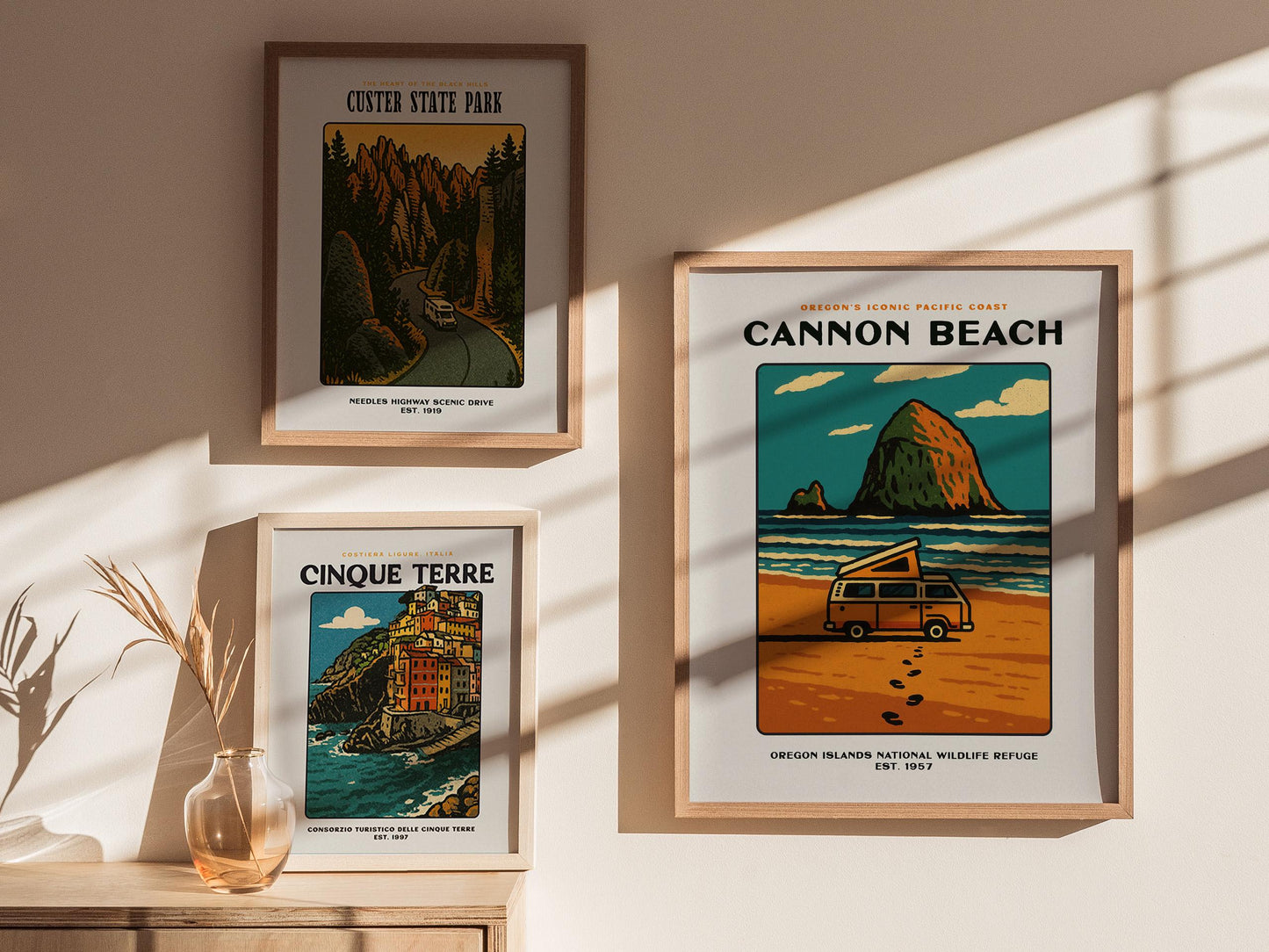 Cannon Beach Oregon Vintage Poster | Haystack Rock Block Print Wall Art | Framed or Unframed