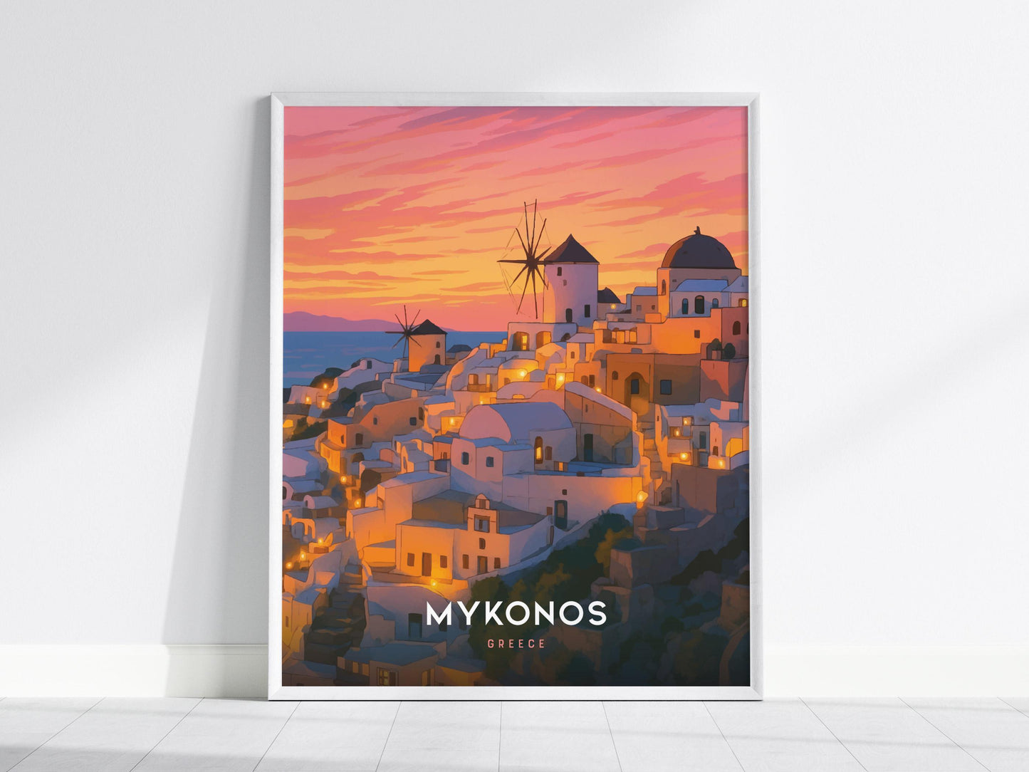 Mykonos Greek Island Sunset Framed Travel Print Wall Art