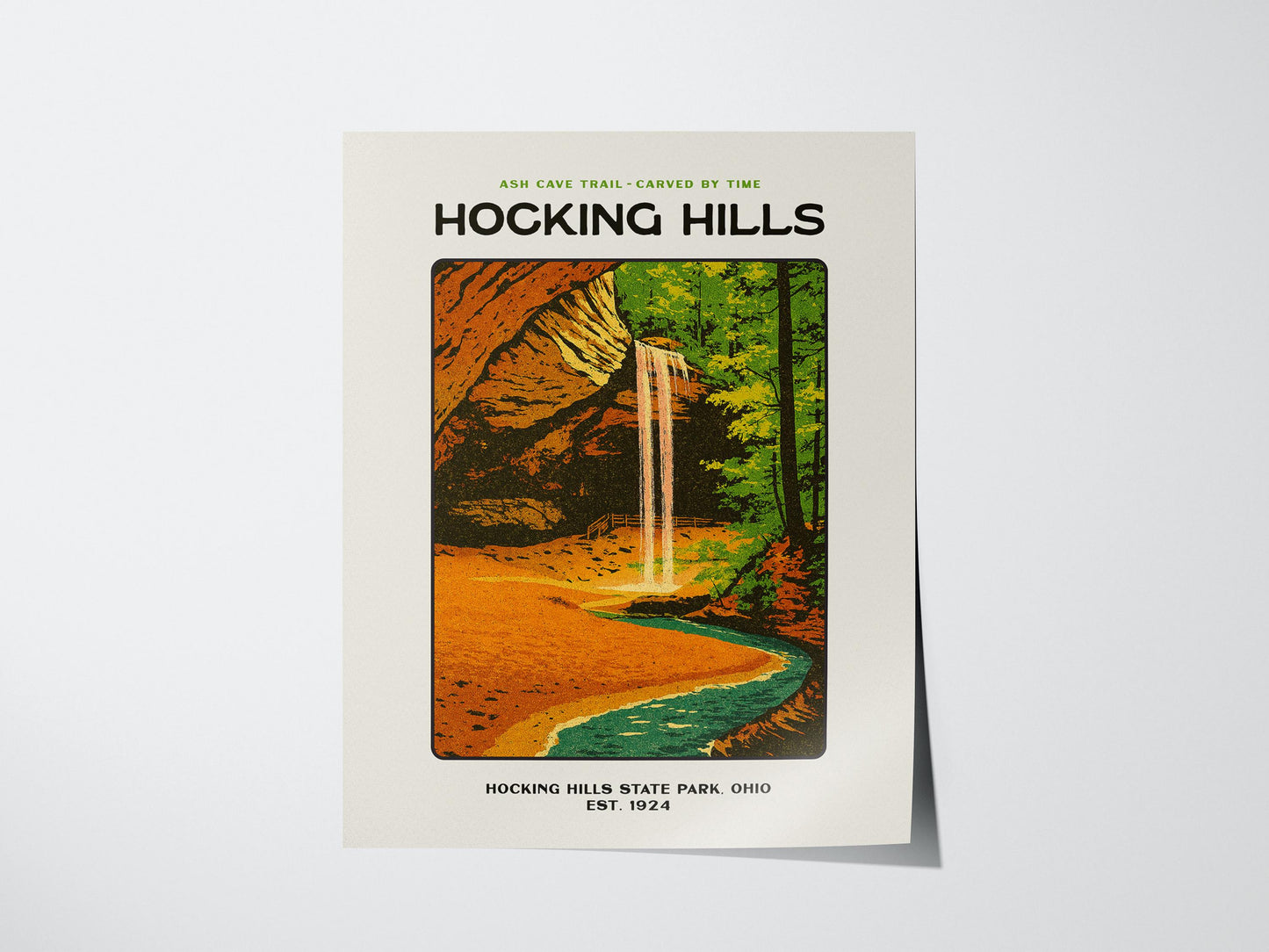 Hocking Hills Ohio State Park Ash Cave Trail Vintage Block Print Wall Art
