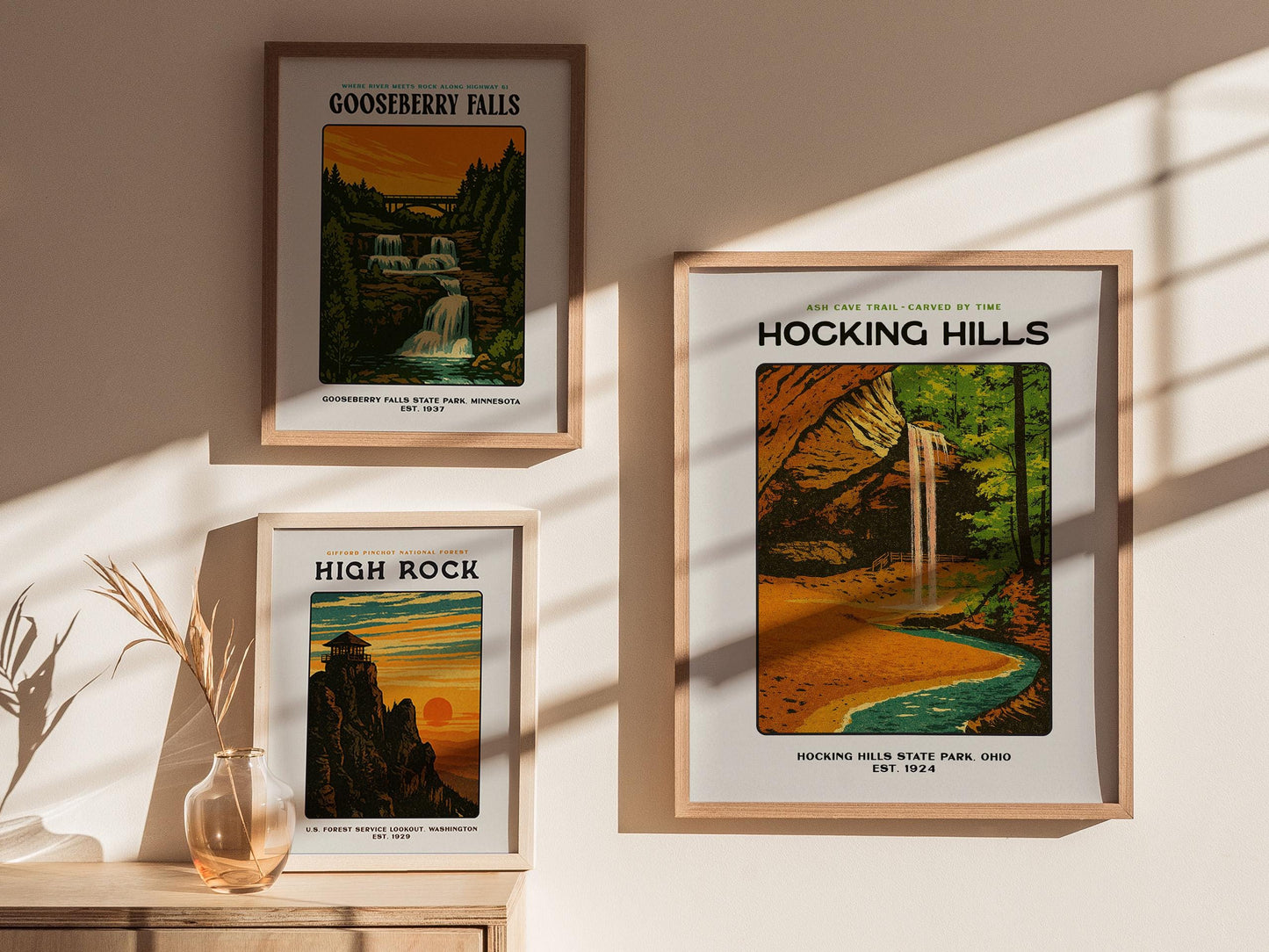 Hocking Hills Ohio State Park Ash Cave Trail Vintage Block Print Wall Art