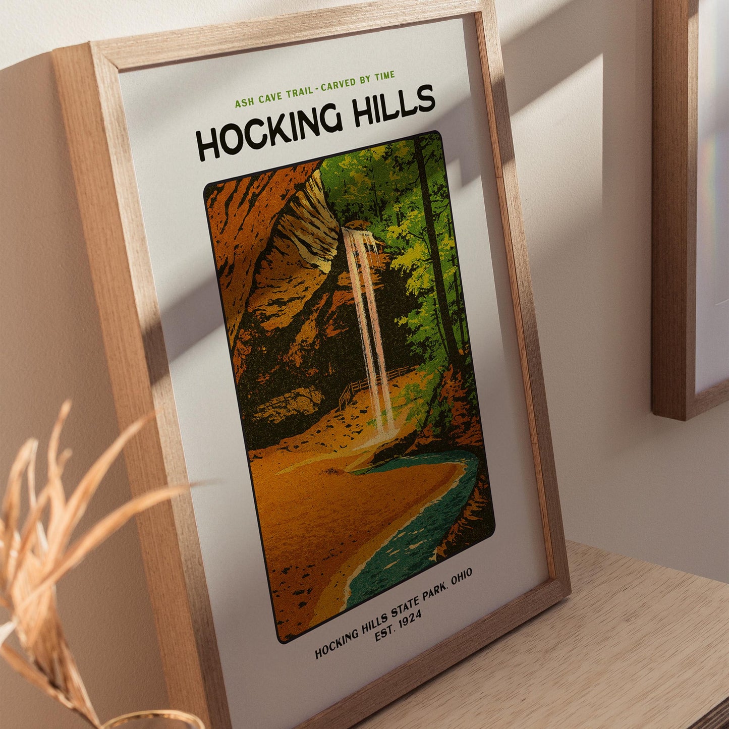 Hocking Hills Ohio State Park Ash Cave Trail Vintage Block Print Wall Art