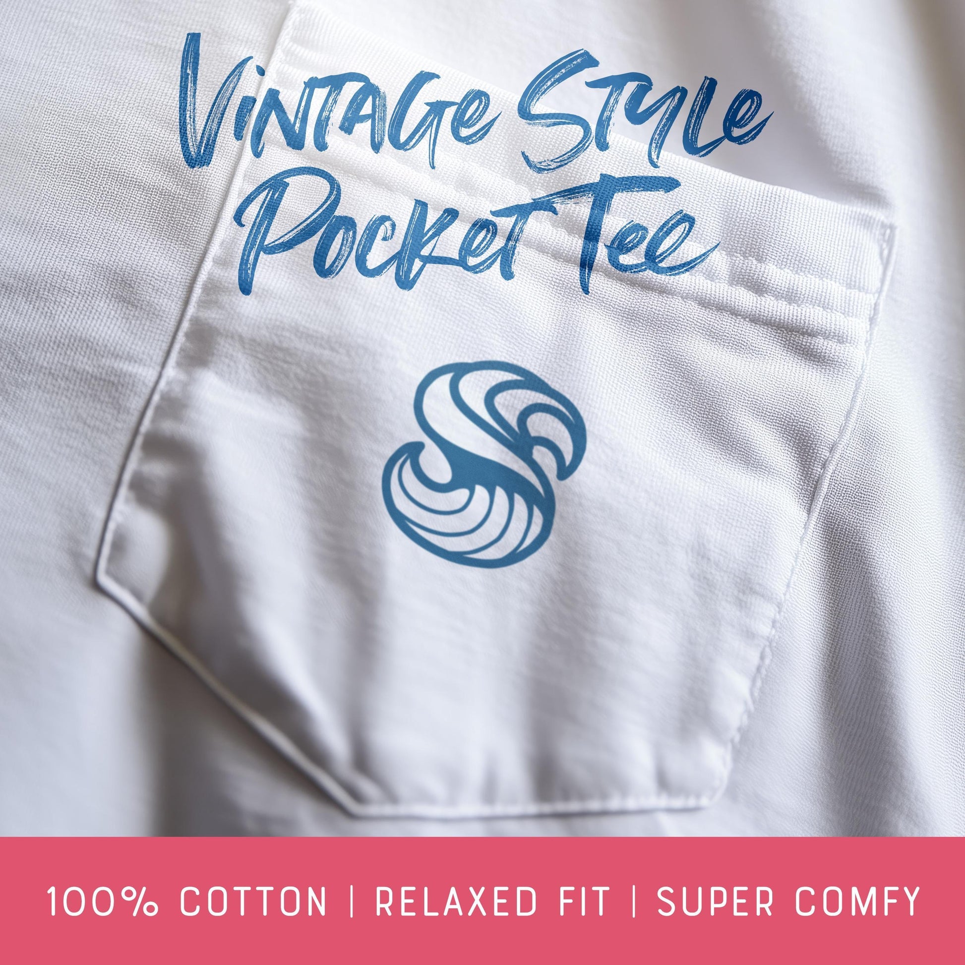 White pocket tee with blue text and Swell 'S' logo on a white background