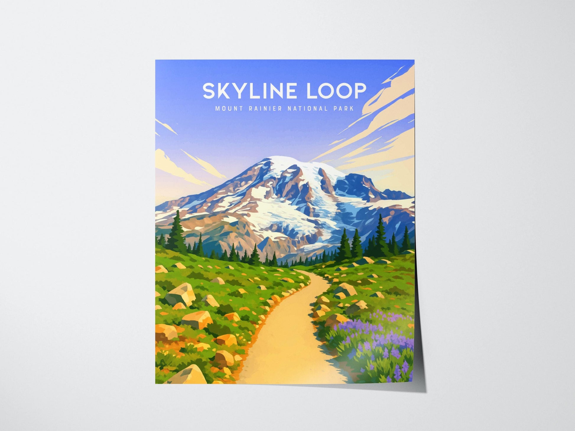 Poster of Mount Rainier National Park with 'Skylight Loop' text on a white background