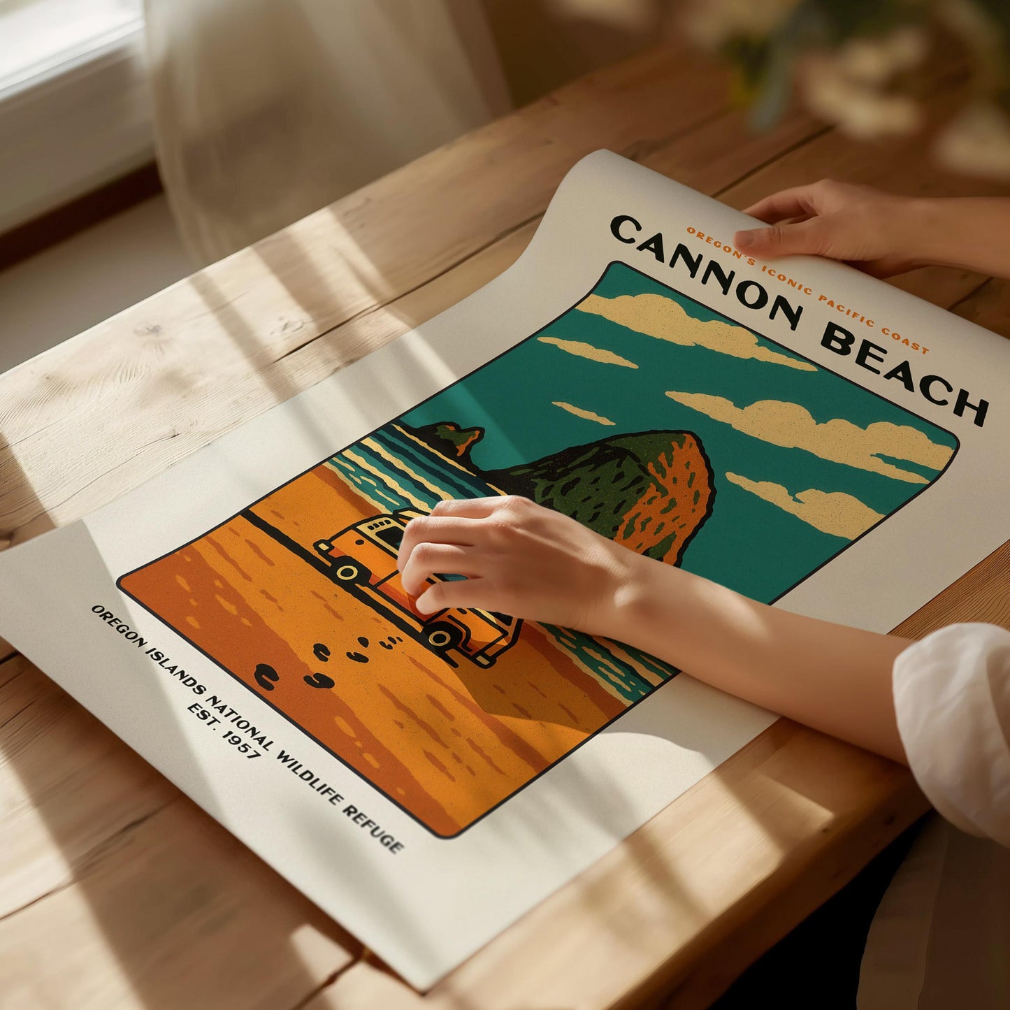 Cannon Beach Oregon Vintage Poster | Haystack Rock Block Print Wall Art | Framed or Unframed