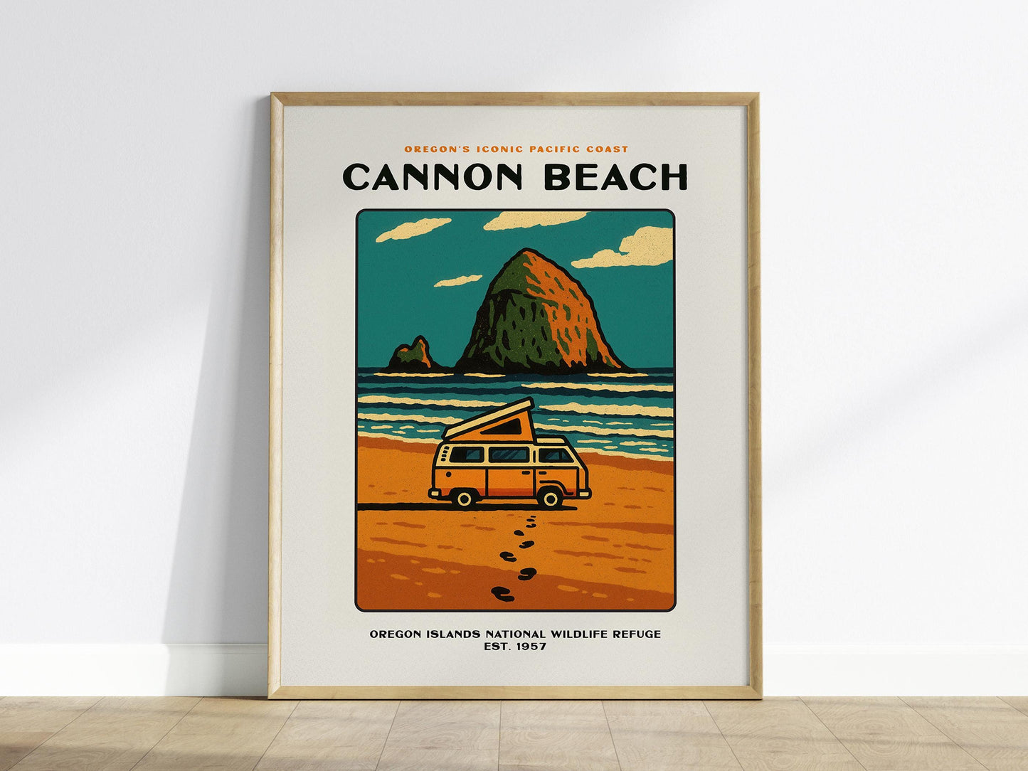 Cannon Beach Oregon Vintage Poster | Haystack Rock Block Print Wall Art | Framed or Unframed