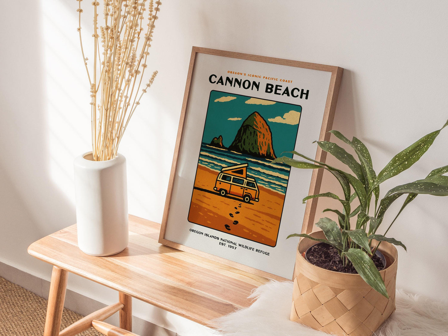 Cannon Beach Oregon Vintage Poster | Haystack Rock Block Print Wall Art | Framed or Unframed