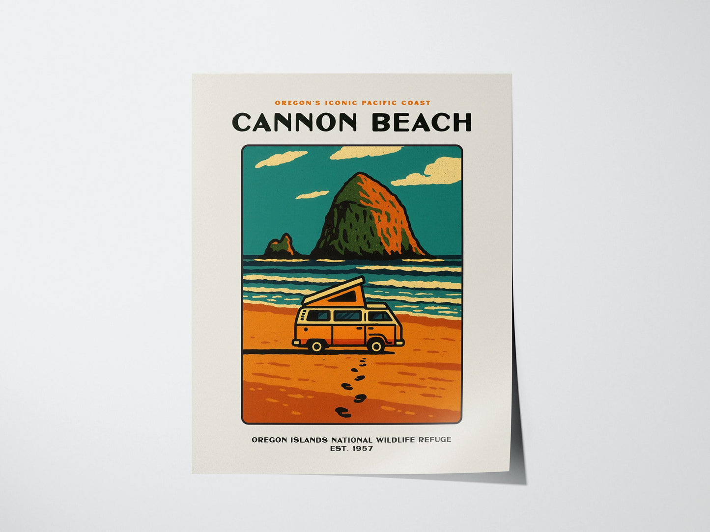 Cannon Beach Oregon Vintage Poster | Haystack Rock Block Print Wall Art | Framed or Unframed