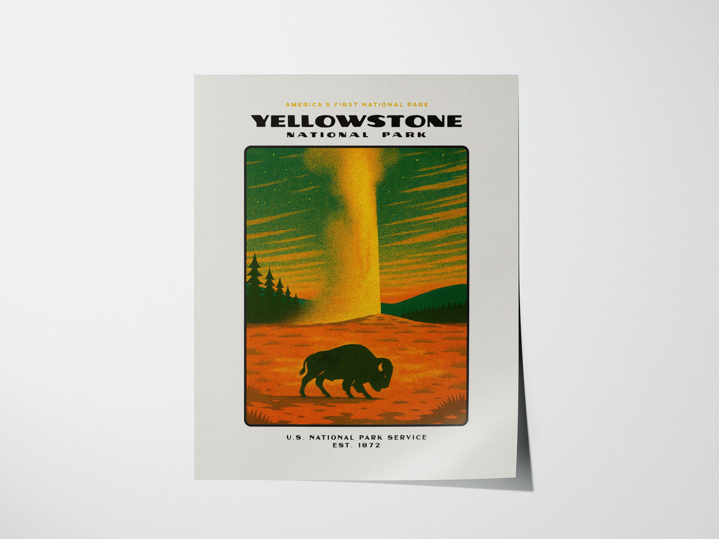 Unframed retro Yellowstone print with bold colors and stylized design