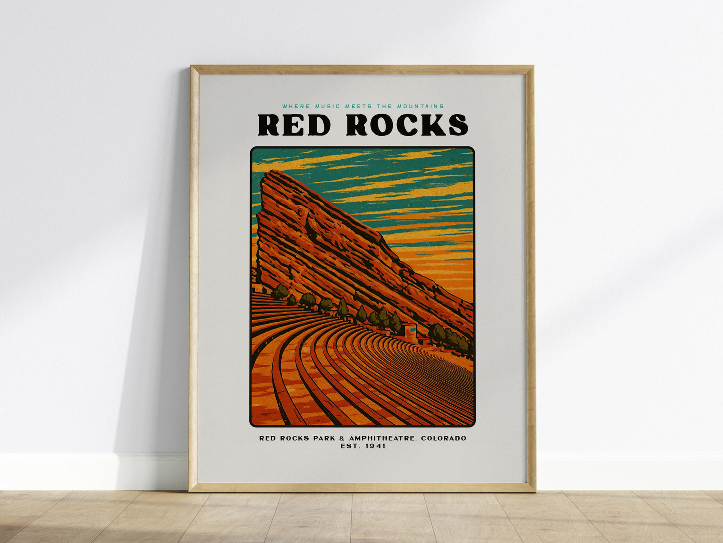 Red Rocks Amphitheatre Colorado Vintage Block Print Music Venue Wall Art