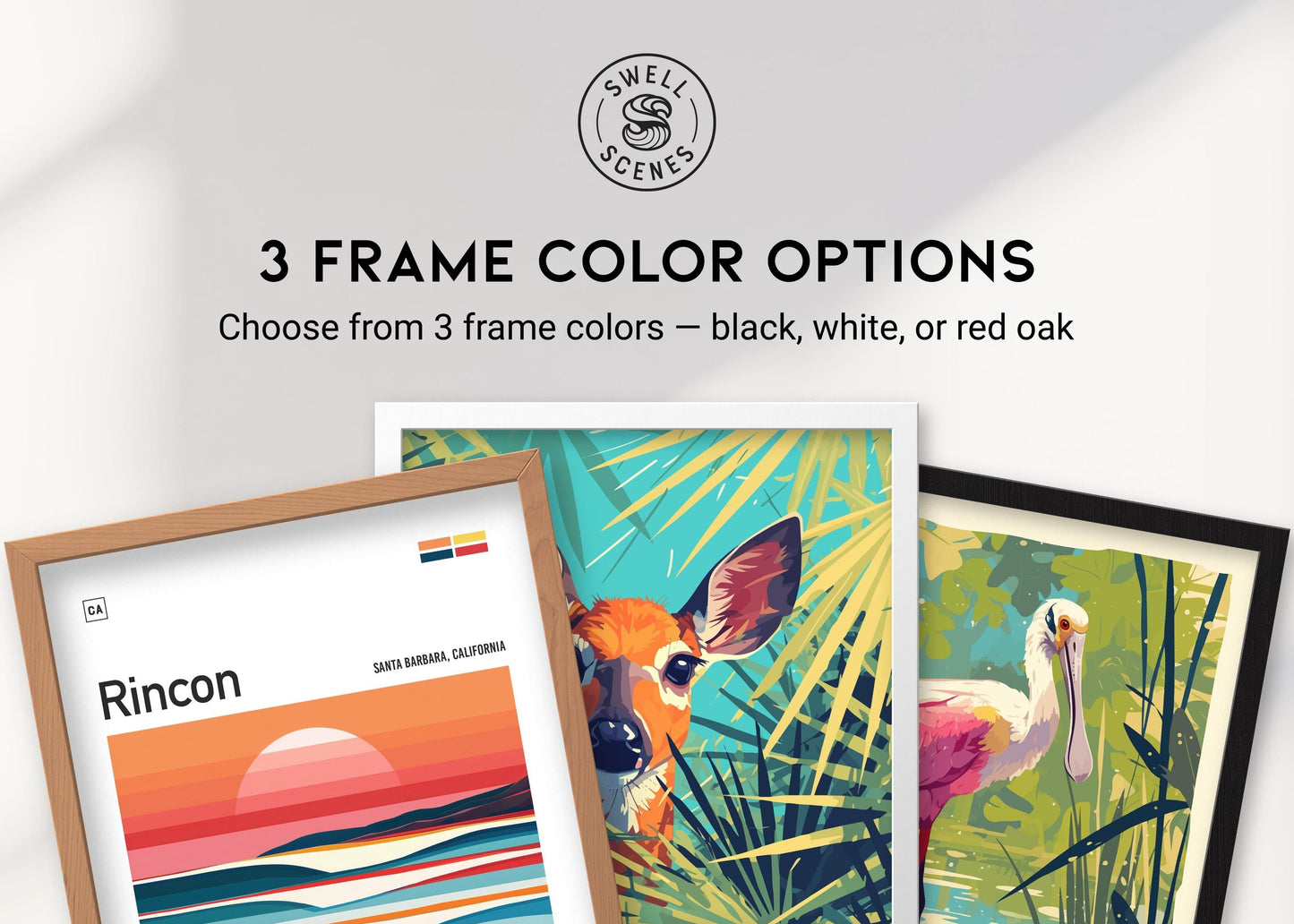 Three framed artworks with frame color options displayed on a white background.