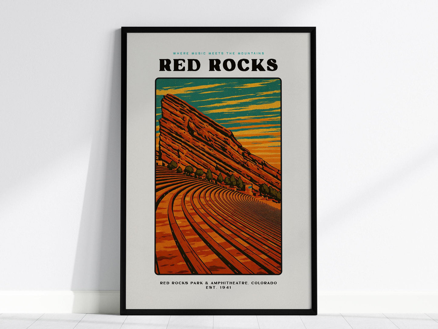 Red Rocks Amphitheatre Colorado Vintage Block Print Music Venue Wall Art