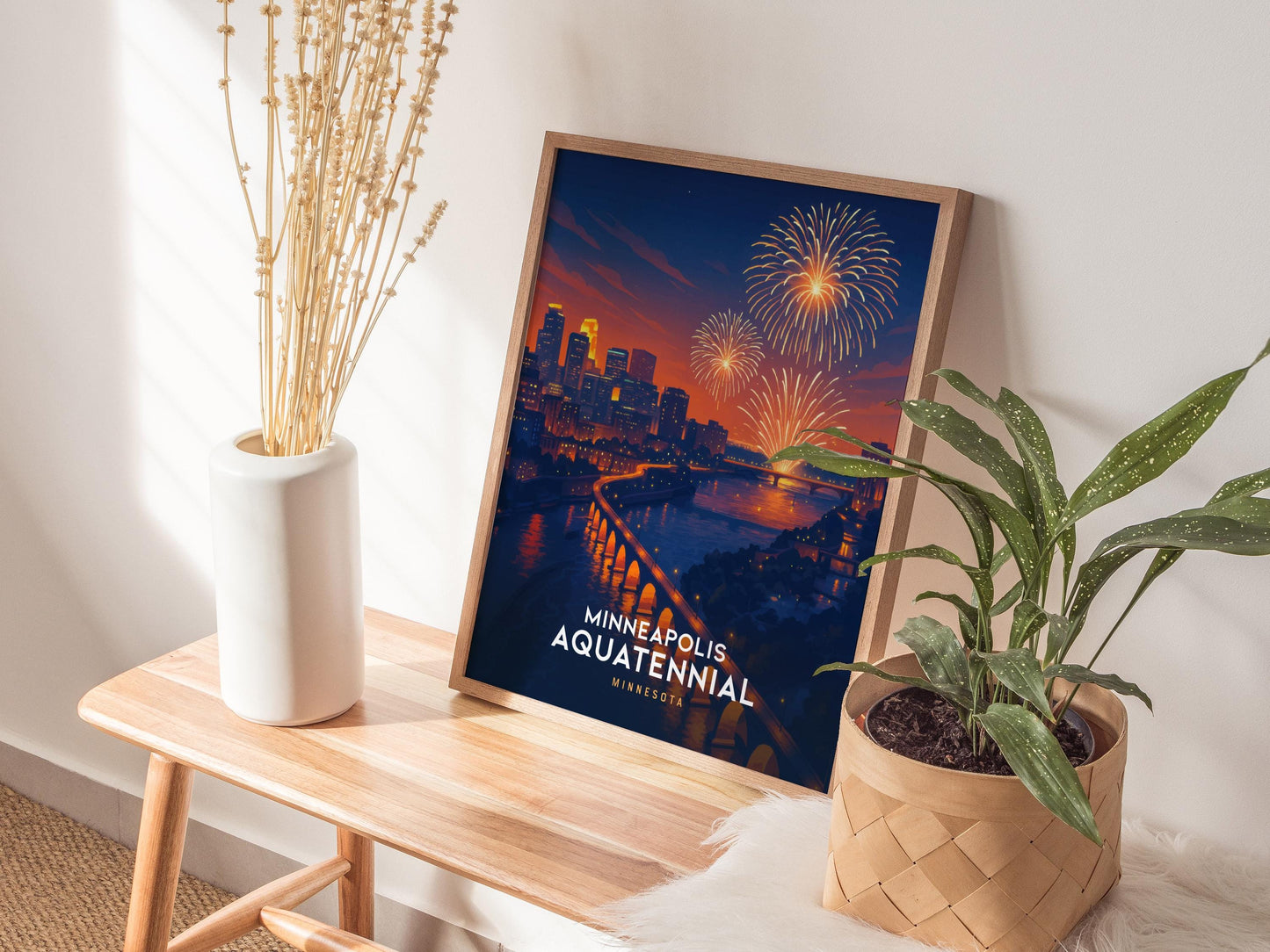 Minneapolis Aquatennial Fireworks Over Stone Arch Bridge Minnesota Wall Art