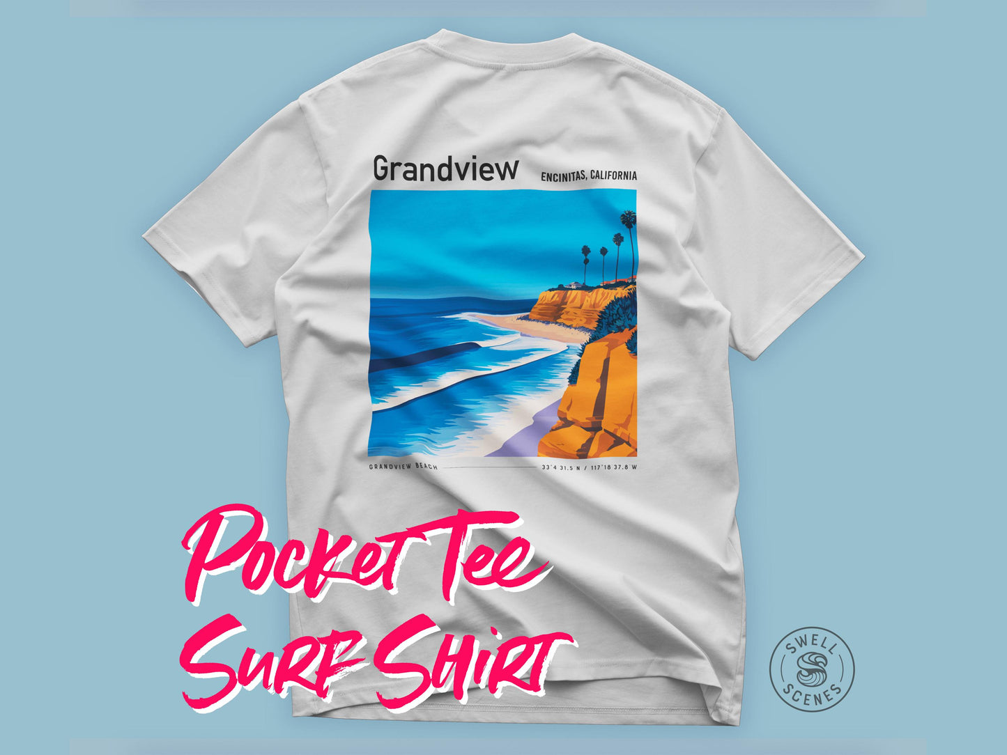Grandview Encinitas California Vintage Surf Shirt Pocket Tee SoCal Surfer Classic T-Shirt Gift Surfing San Diego Beach Coastal Wear Apparel