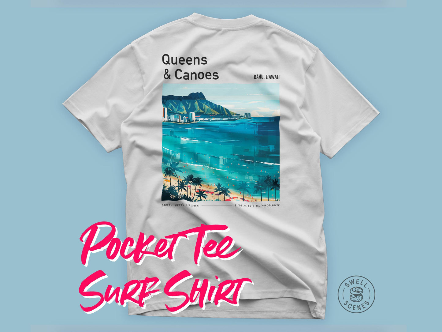 Queens & Canoes Waikiki Oahu Hawaii Vintage Surf Shirt Pocket Tee