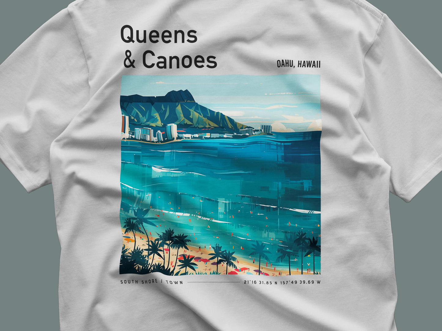 Queens & Canoes Waikiki Oahu Hawaii Vintage Surf Shirt Pocket Tee