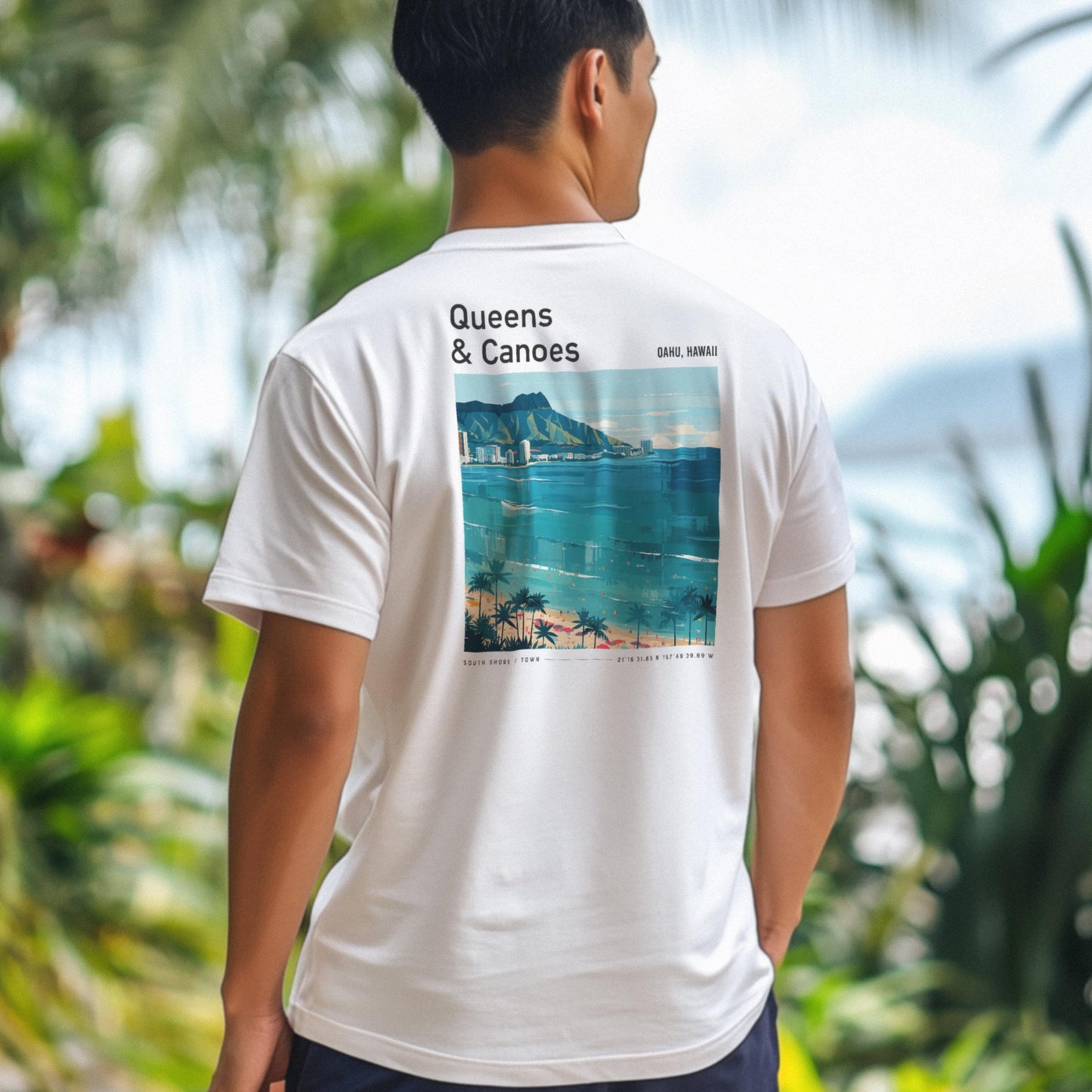 Queens & Canoes Waikiki Oahu Hawaii Vintage Surf Shirt Pocket Tee