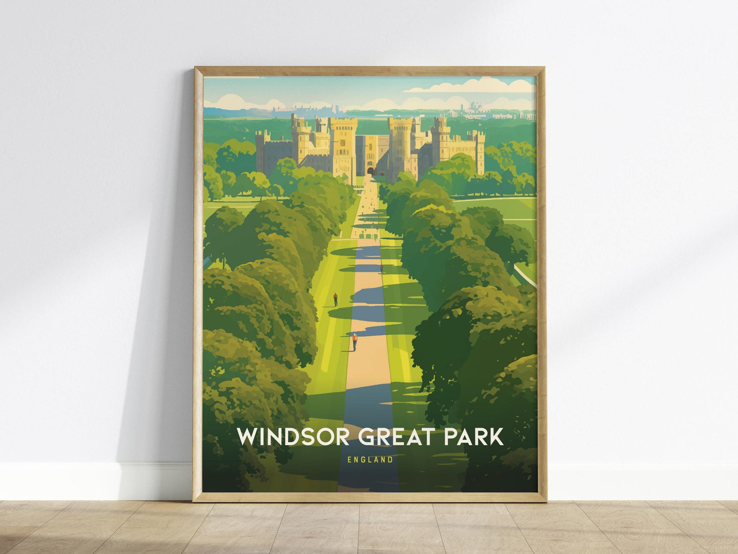 Windsor Castle poster featuring royal palace and Long Walk through Great Park with bold colorful England heritage wall art